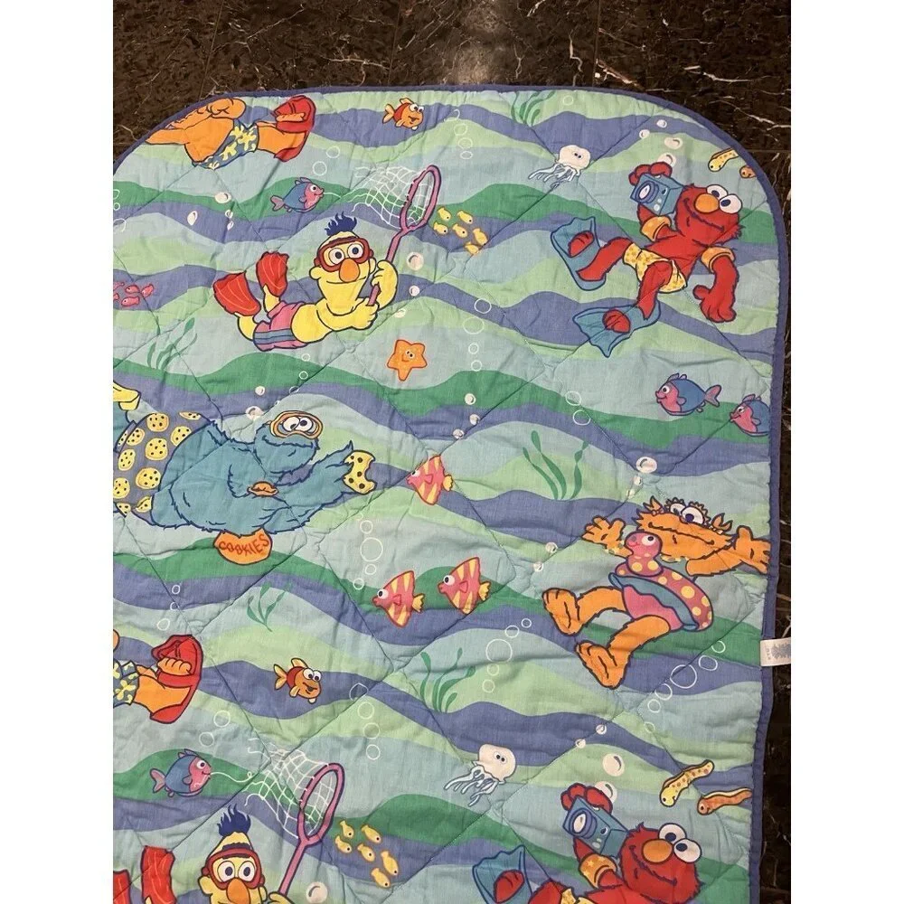 Vintage Sesame Street Quilt Baby Blanket Crib Bedding Elmo Bert Ernie Swimming